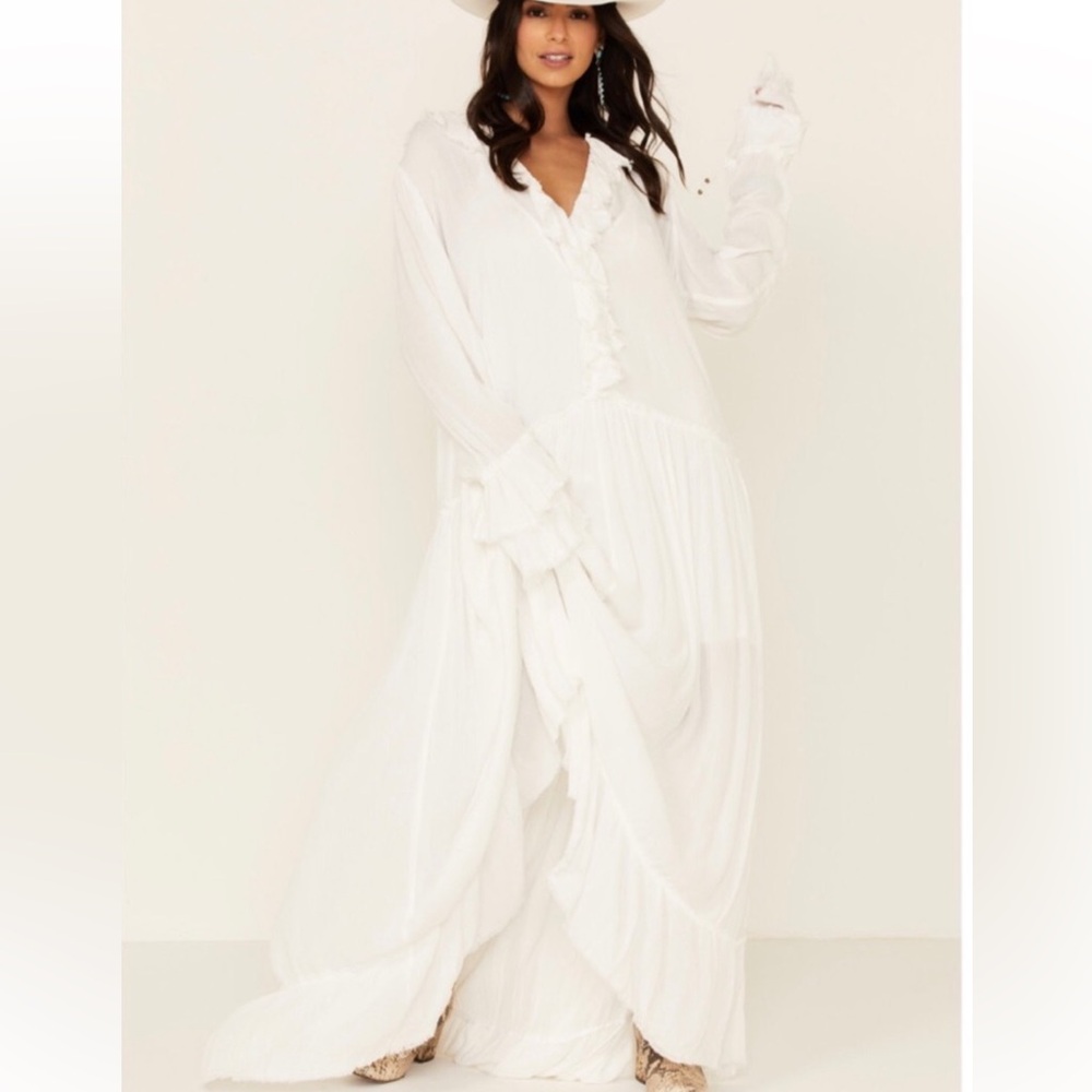 Free People White Ruffled Boho Maxi Dress